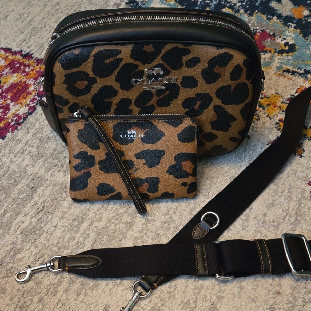 Coach Leopard Print Crossbody Bag and Wristlet Set
